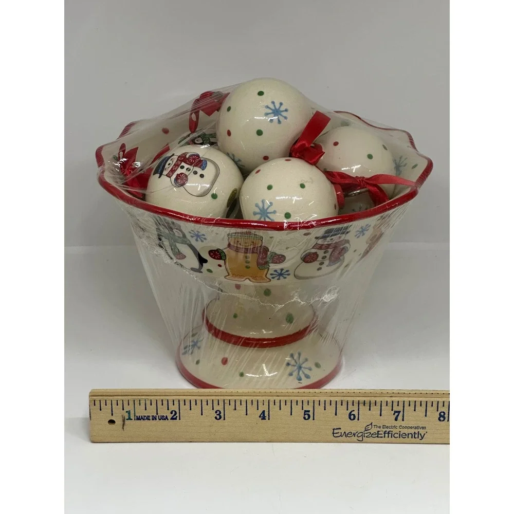 Temp-tations Christmas Pedestal Bowl Set Cream Snowman Gingerbread Holiday Decor